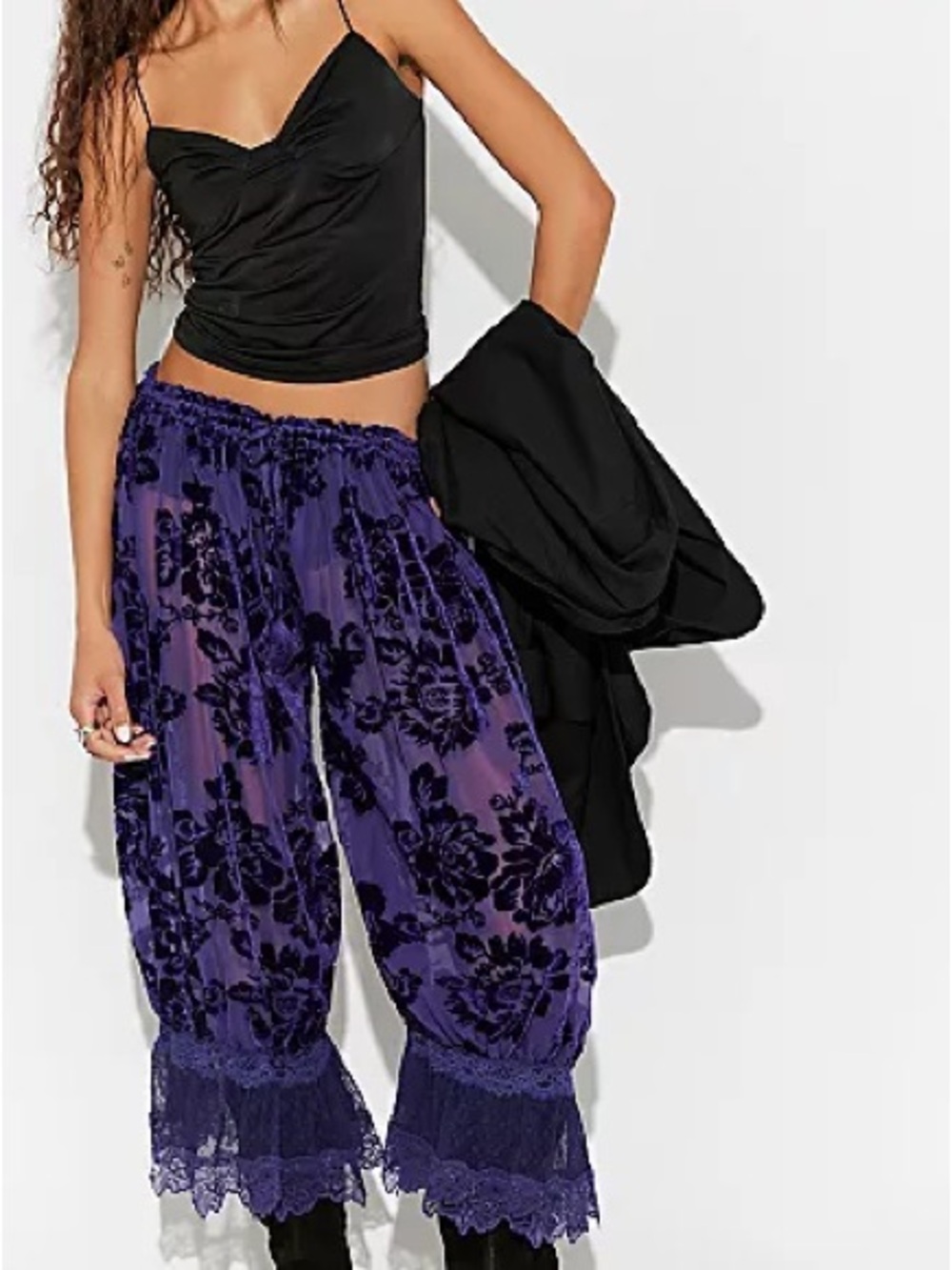Free People Purple Floral Velvet Burnout Lace Wide Leg Pants